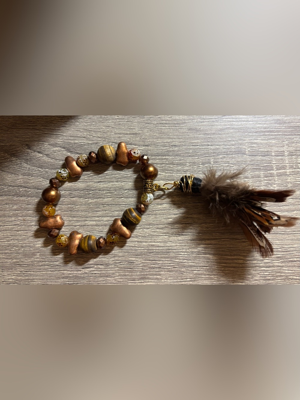 Handmade Boho Feather Tassel Beaded Bracelet - Brown & Gold